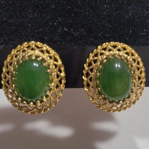 Vintage Charles Reis Co CRCO Emerald Sterling Earrings Oval Screw Back Gold